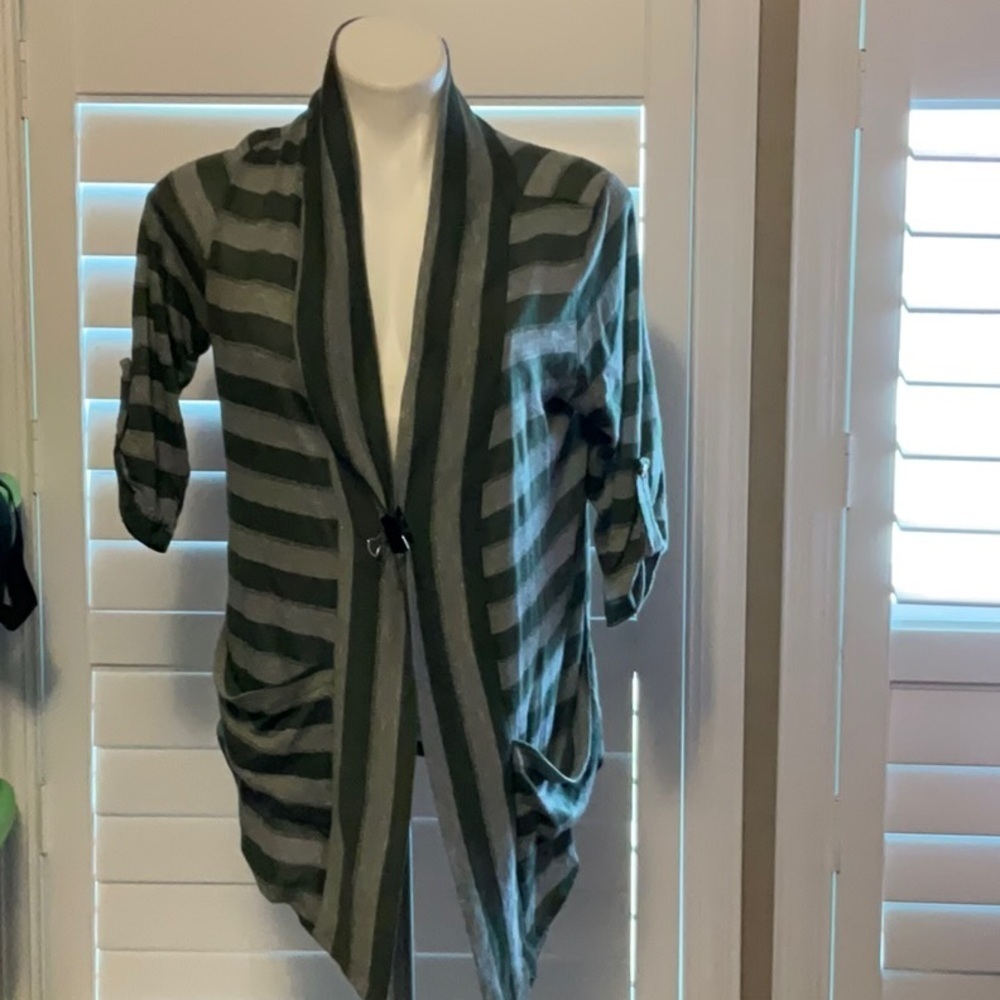 Aria Green and Gray Cardigan Sweater with Waterfall Front